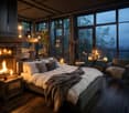 A cozy bed with pillows, white duvet, fur blanket. Large windows, fire place, candles, wooden floors. Nighttime view of the forest outside.