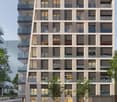 Multi-story residential building with a modern, minimalist design. The building features a grid-like facade with large windows and balconies. The ground floor appears to have commercial or retail space, as indicated by the 'Green Corner' signage.