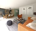 open-plan living and dining area, large windows, open kitchen, dining table with chairs, stone wall