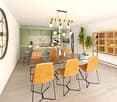 Dining room with glass table, wooden floor, large round clock, plants, open kitchen