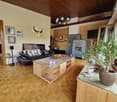 Spacious living room with wooden ceiling, leather sofa, wooden coffee table, fireplace, and various decorative elements such as wall art and potted plants.