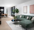 Green L-shaped sofa, glass coffee table, rug, potted plants, dining area with table and chairs, modern light fixture