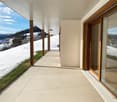 tiled floor, wooden pillars, large glass doors, snow-covered mountains in the distance
