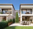 Contemporary style 2-story townhouse, balcony, dining table, garden, open-plan living area, large windows