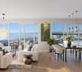 modern design, large windows, balcony, white furniture, wooden floor, dining table, kitchen island