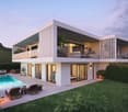 modern design, white exterior, large windows, swimming pool, multiple balconies, outdoor seating area