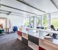 modern office, large windows, gray carpet, white furniture, chairs, tables, flowers, people