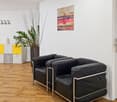 The image shows a modern and minimalist living room with white walls, hardwood floors, and a set of black leather armchairs. There is a shelving unit with yellow and gray storage boxes, and a large potted plant in the corner. A framed artwork hangs on the