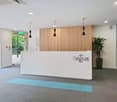 Modern reception desk, white walls, white ceiling, wood panels, pendant lights, carpet, blue mat, green potted plant, glass door, exterior view of trees, open exit sign