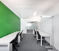 Open office space with white desks, black office chairs, and a green accent wall. The space has a modern and minimalist design with overhead lighting and carpeted flooring.