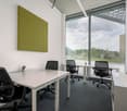 modern office room with white walls, large windows, white desks, black chairs, green wall art, potted plants