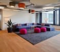 modern furniture, large windows, lamps, carpet, indoor plant