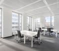 office room, white walls, gray carpet, office tables, chairs, large windows