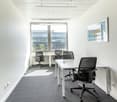 empty room, white walls, white ceiling, white desks, black chairs, large window, picture frame