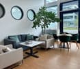 modern living room with wooden floor, gray couch, white coffee table, round windows, tree, dining table, green chairs, glass doors