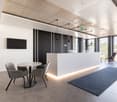 modern open space with glass walls, white furniture, tiled floor, round table, chairs, and a blue rug