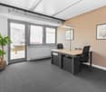 empty office room with desk, chairs, windows, and a plant