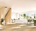 open floor plan, dining area, living area, wooden floor, staircase, large windows, plants
