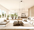 modern living room, large windows, white walls, wooden floor, white couch, coffee table, pendant lights, plants