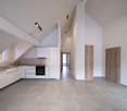 empty kitchen, white tiles, white cabinets, oven, sink, wooden counter
