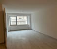 An empty room with a wooden floor, white walls, and a large window with a white frame. A ceiling light is visible.