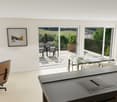 modern kitchen with dining area, large windows, balcony, modern furniture, plants