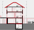 3 story house, two garage doors, 2 cars in garage, basement