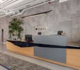 Modern and minimalist office space with a large reception desk, potted plants, and a hanging light fixture. The walls have a concrete-like finish and the Spaces logo is prominently displayed. The space appears to be designed for a professional business or