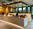 Reception desk, modern plants, desks, computers, lamps