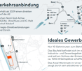 The map shows an ideal location in the growing industrial and commercial area named 'Werkmatt' with access to the highway and other regions.