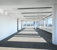 Empty room with white walls, gray carpet, large windows, and a central column