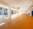 spacious room, wooden floor, large windows, bright, outside view