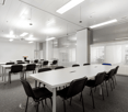 modern minimalist design, glass walls, conference room, glass door, tables and chairs