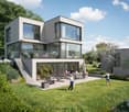 modern two story house, grey facade, large windows, staircase, patio, garden, green grass, plants, car