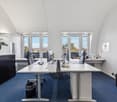 modern office with desk, computers, plant, carpet, trash bins