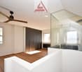 empty room, wooden floors, windows, modern design, glass wall, shower enclosure