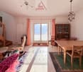 wooden dining table, wooden chairs, rug, cabinet, chair, staircase, lamps