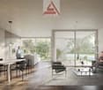 modern interior, dining table with chairs, sofa, coffee table, sliding glass door, wooden floor, kitchen with island, ceiling light