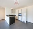 modern kitchen with white cabinets, black granite countertop, stainless steel sink, built-in oven and dishwasher, extractor hood