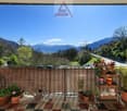 balcony with plants, metal railing, tiled floor, view of mountains