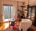 Hardwood floor, white walls, large glass door to balcony, bookshelves, armchair with a blanket, a small side table, and a rug. The balcony provides a view of a mountain landscape.