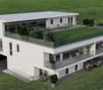 2 story house, white exterior, glass front, multiple balconies, terrace, garden area, elevated ground floor