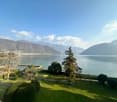 Well-maintained grassy area with various shrubs and trees overlooking a lake and mountains