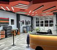 shopfront, orange desk, plants, tools, orange ceiling lights, trolley, filing cabinet