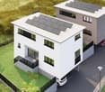 Two story house, white exterior, solar panels, garage, car parked, garden, fence, street lights