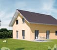 Single-family house, yellow exterior, brown roof, 3 windows, garage, outdoor dining table, car parked