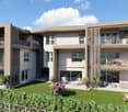 2 story house, beige exterior, glass windows, multiple balconies, outdoor dining area, green lawn, bushes and plants in front.