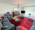 blue sofas, red sofa, ottoman, television, coffee table, window with white curtains, chandelier, table with flowers, plant