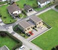 modern house with solar panels, spacious living area, multiple parking spaces