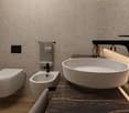 Modern bathroom with a freestanding bathtub, wall-mounted toilet, and bidet. The floor is made of wood-like tiles. There is a fireplace visible in the room.